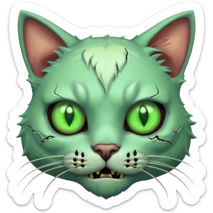 zombie cat portrait, head and shoulders only, pale fur, cracked skin patches, eerie glowing eyes, mischievous undead vibe, 3D cartoon, mobile game icon style, clean background, no text, no watermark
 sticker