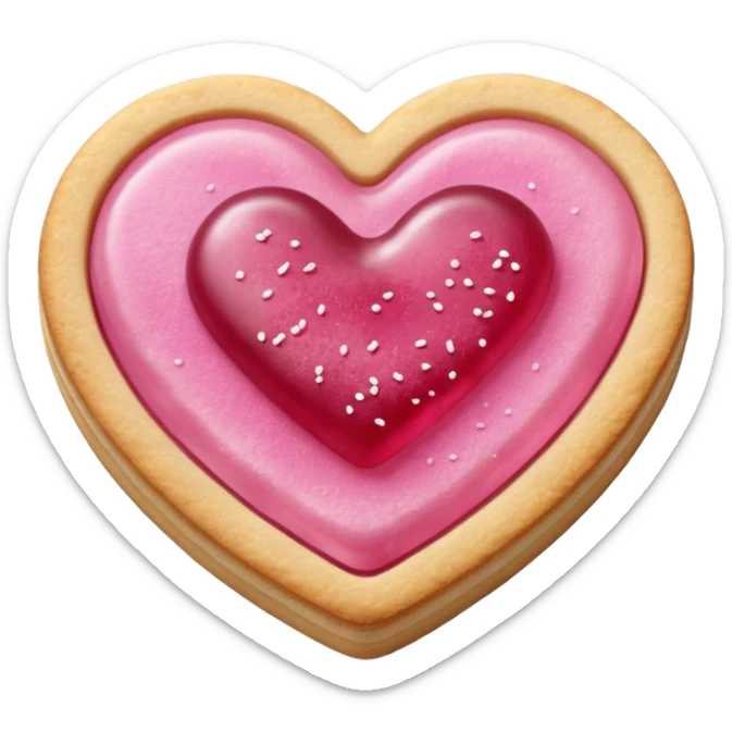Realistic shortbread cookie in the shape of a heart with pink jelly middle filling and sprinkled powder sugar on top. sticker