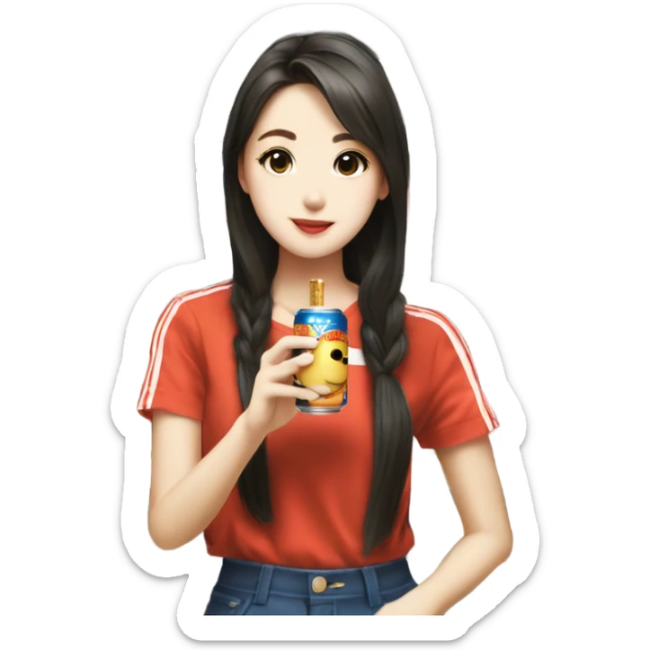 Korean girl drinking canned Suntory highball in hongkong don don donki sticker