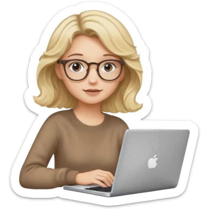 blonde girl with dark blonde wavy hair, pantos-style glasses, a brown sweater, sitting with a laptop, soft pastel colors, upper body shot sticker