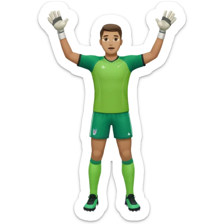 goalkeeper, standing, wearing a green shirt, shorts, socks and football trainers, with arms raised sticker
