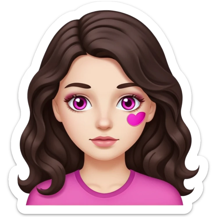 A white girl with long dark brown wavy hair and two pink cosmetic patches under her eyes sticker