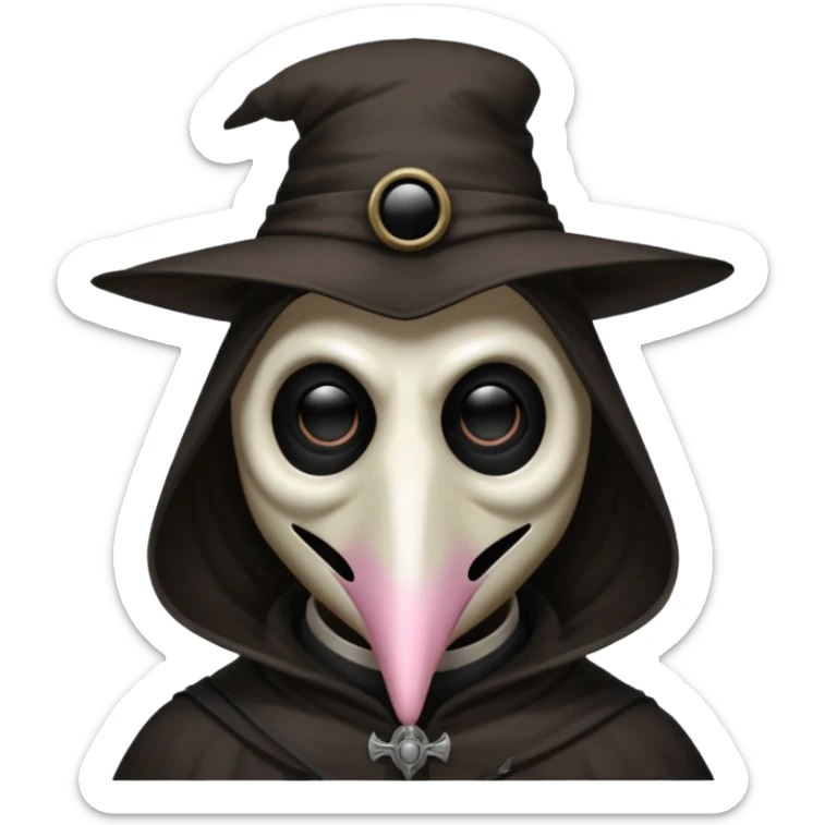 SCP-049 as a cursed emoji, unsettling, plague doctor mask, dark aura, creepy expression, horror vibe sticker