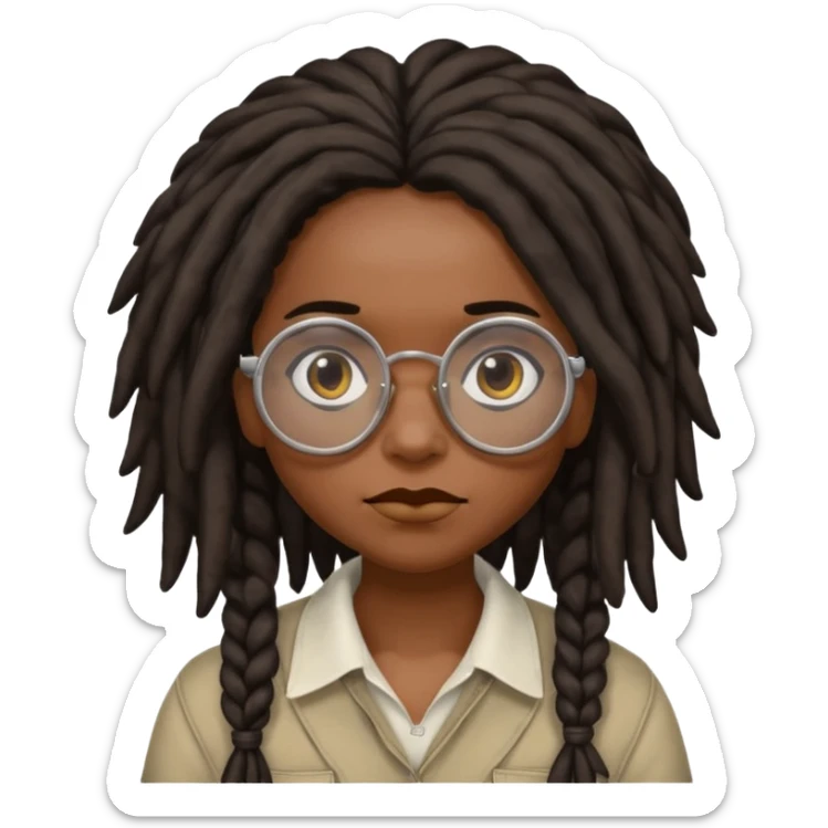 darker skin female with dark dreadlock hair wearing large round glasses saying no sticker