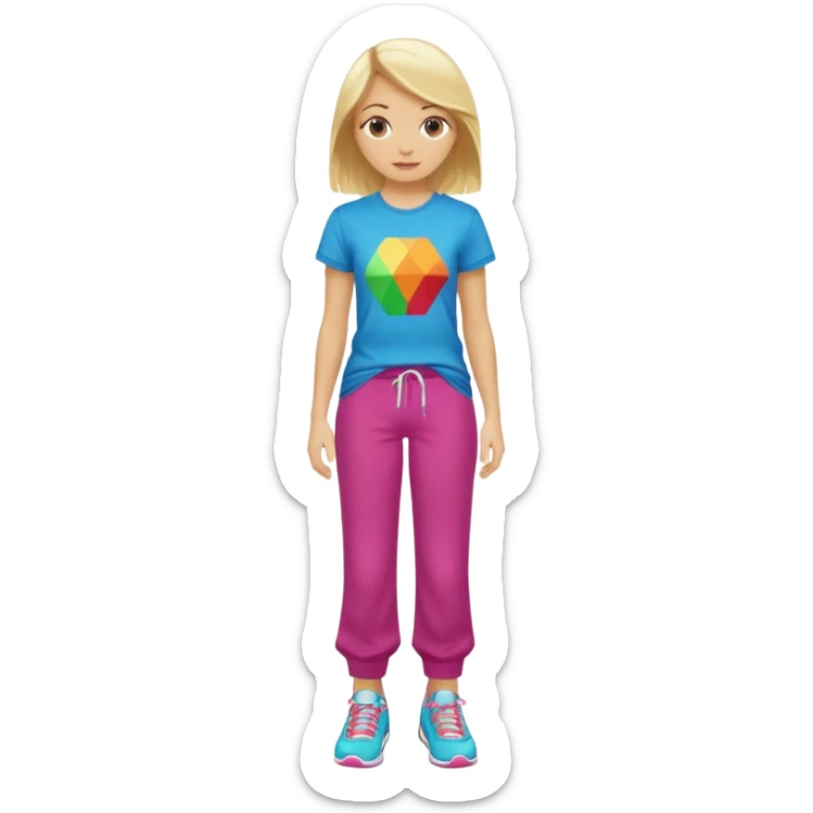 Hiphop dancer, with cute big pants, sneakers, and t-shirt. White girl blond. Coloufull shirt. No pocket pants sticker