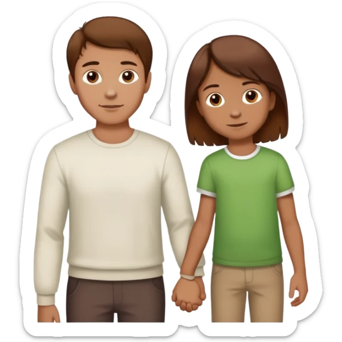 A man with brown hair holding a child's hand, the child has reddish brown hair sticker