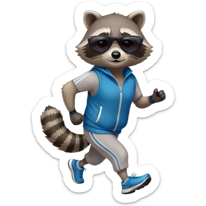 friendly anthropomorphised raccoon in sports wear, wearing dark sunglasses, jogging upright in relaxed pose sticker