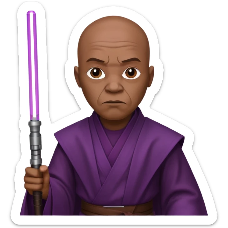 star wars master windu bald head, no facial hair, brown jedi outfit with purple lightsaber sticker