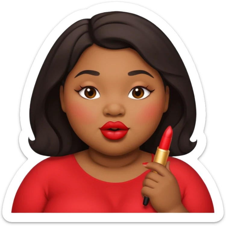 Create an emoji of a fat black woman with chubby cheeks with blushing red lipstick posing as if she were kissing sticker