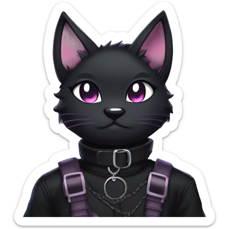 Gorgeous furry gothic dark techwear anime style anthro black cat furry sona Fakemon with blushing face aesthetic and pretty edgy black with collar and harness trending style sticker