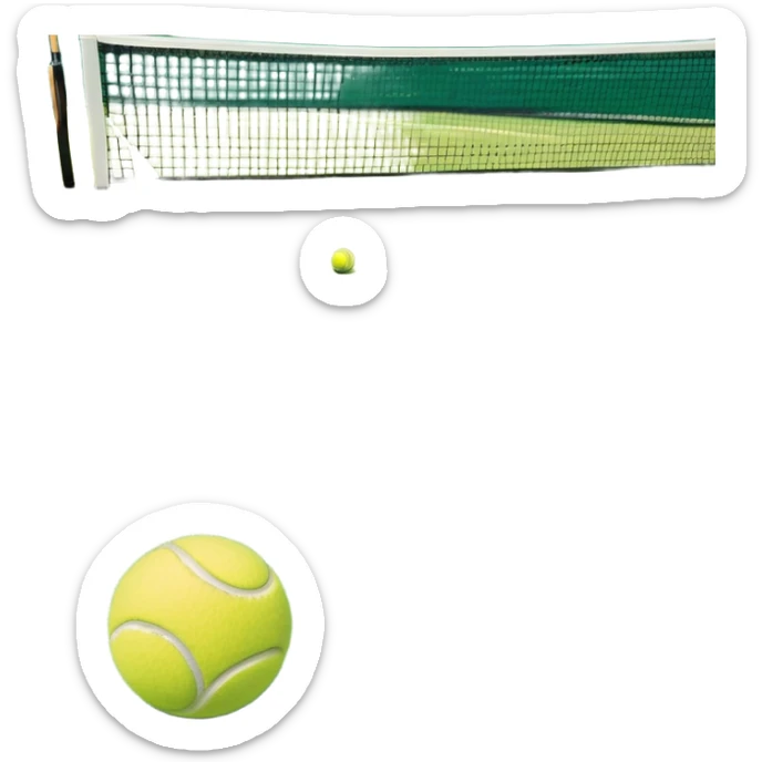 grass court, with the lines of the court clearl with visible in the background. A tennis racket and ball/ The scene captures the essence of the sport, highlighting the equipment and the vibrant, open atmosphere of a tennis match sticker