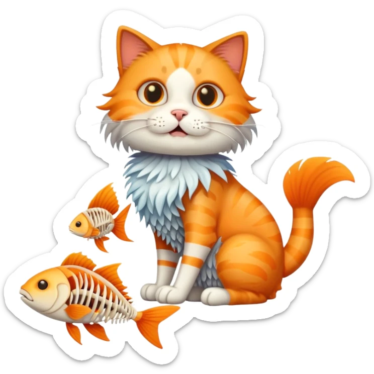cat full body sitting with fish skeleton with fins and bones in mouth sticker