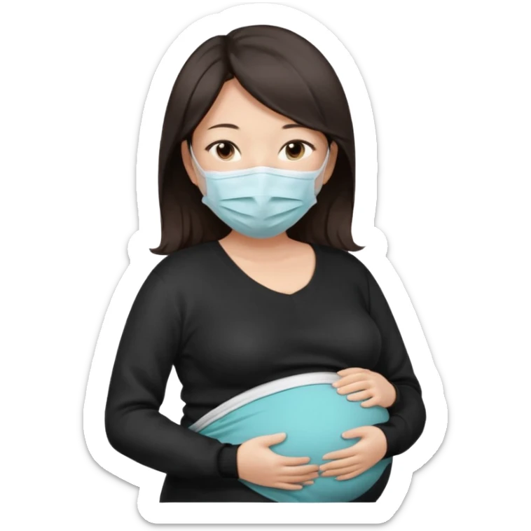 a pregrant chinese lady with dark brown hair? Hair lengt above shoulder, wearing medical face mask, i wanna see the pregnant belly with black sweater sticker