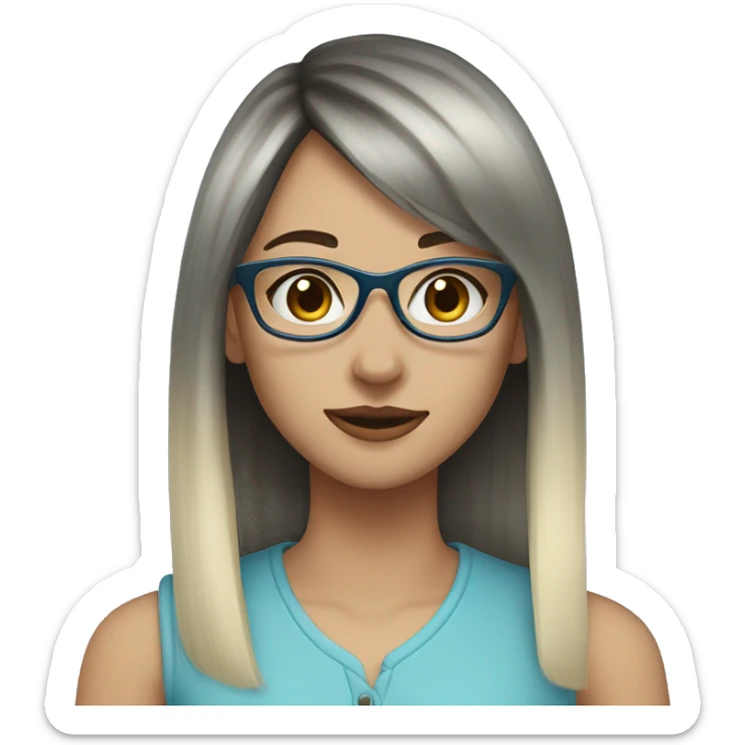 young woman, pale skin, long length dark brown wolfcut hair, glasses, blonde bangs NO GLASSES, darker shade of hair  blue hair  sticker