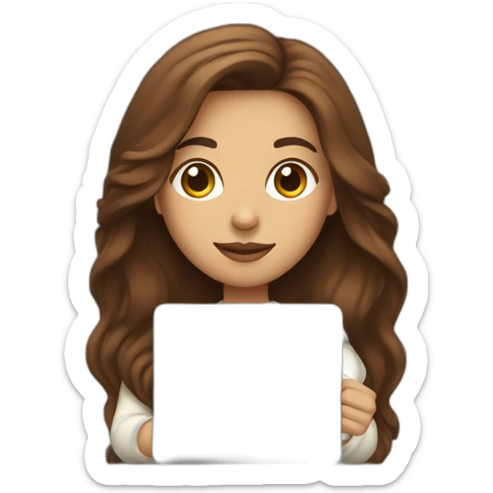 woman with brown long straight hair wearing a white woolly shirt and holding a coffee and a closed laptop sticker