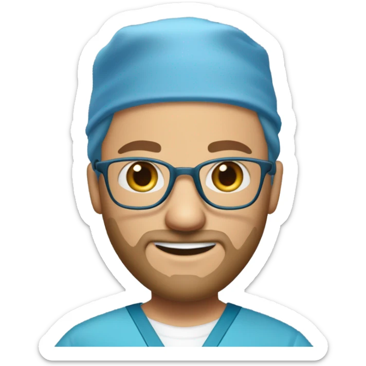 male blond doctor in scrub cap with grey van dyke beard with hazel eyes and small wire-rimmed glasses in blue scrubs holding a large paintbrush sticker