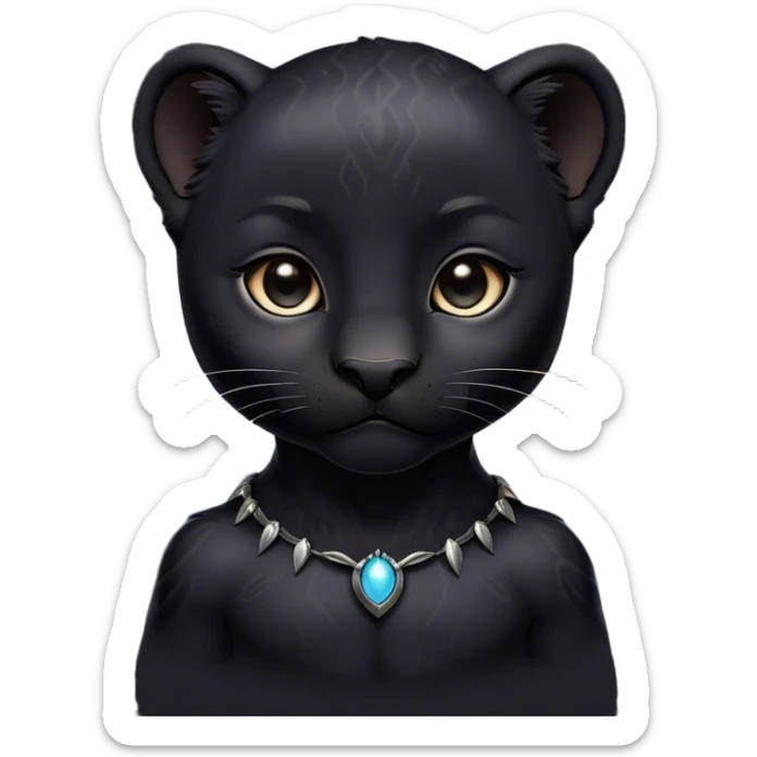 Cinematic Noble Baby black Panther Portrait Emoji, Poised with a touch of regal innocence, featuring a compact, sleek build with soft, dark fur and large, soulful eyes, Simplified yet sharp and sophisticated features, highly detailed, glowing with a gentle, mysterious glow, high shine, intelligent and endearing, stylized with an air of youthful authority, focused and attentive, soft glowing outline, capturing the essence of a tiny jungle guardian that appears ready to pounce out of the screen with effortless charm! sticker