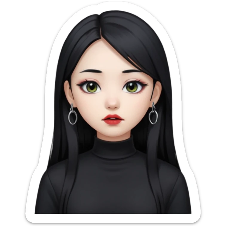 goth Asian girl, straight long black hair, lip piercing, black mock neck shirt sticker