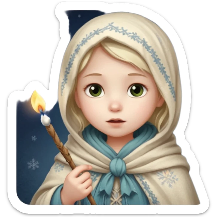 A small girl in a worn winter dress and shawl, holding a glowing matchstick close to her face, eyes wide with soft hope.
 sticker