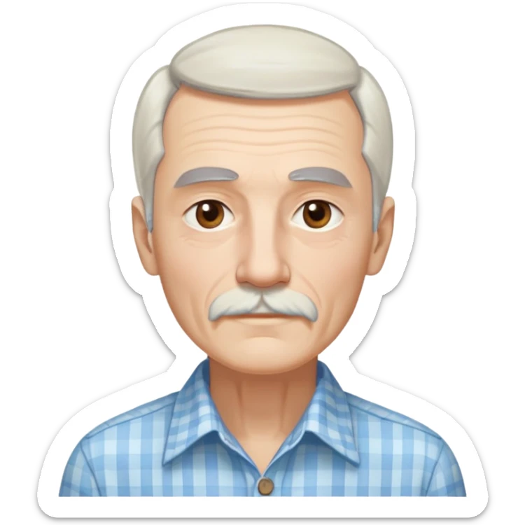 Skinny man in his 70s with fair skin. Long narrow face. Gentle light brown eyes. Fine straight white hair with light bangs touching eyebrows. Thin eyebrows. White goatee connected to mustache. Slender appearance. Wearing a light blue and beige checkered button-up shirt. sticker