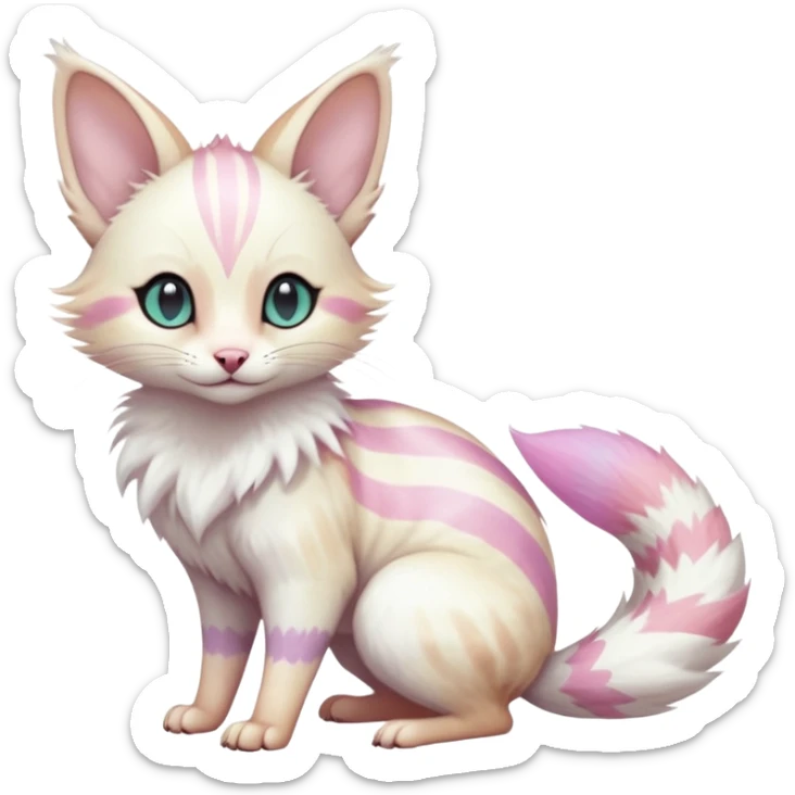  cute adorable white albino fur with random colorful iridescent markings beautiful elegant pretty precious cute  Fakémon-Pokémon-alien-opossum-feline-serval-caracal-chinchilla-Minccino-hybrid-creature with a big fluffy bushy striped tail (full body) sticker