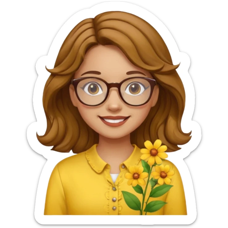 girl with a yellow blouse with flowers, with hair in waves with glasses smiling sticker