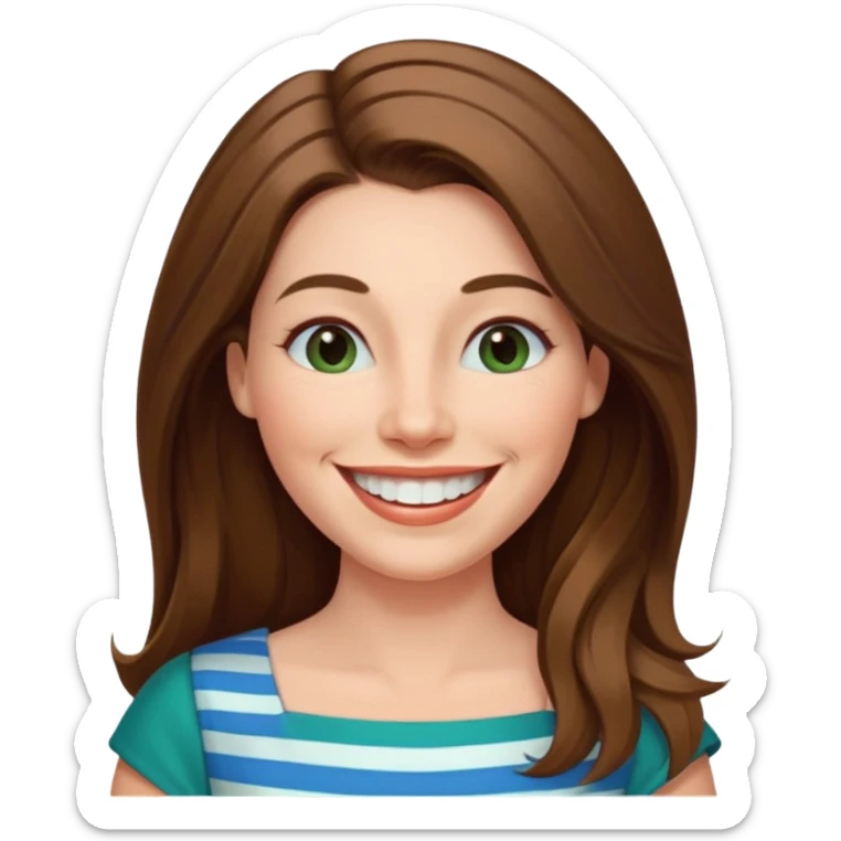 40 yr Caucasian woman, long brown hair parted on side, white stripe in hair, blue green dress ,big smile, white teeth, dimples sticker