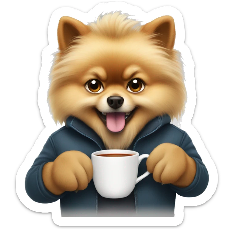 angry grown pomeranian holding a cup of tea i his paw sticker