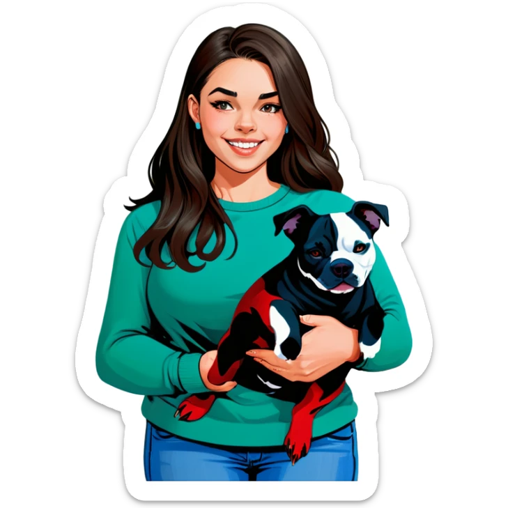 Beautiful young girl, slightly overweight with long dark hair that’s choppy cascading over her shoulders as she holds her black iPhone, and she has her beautiful dog mix of a pitbull with an under bite standing beside her sticker