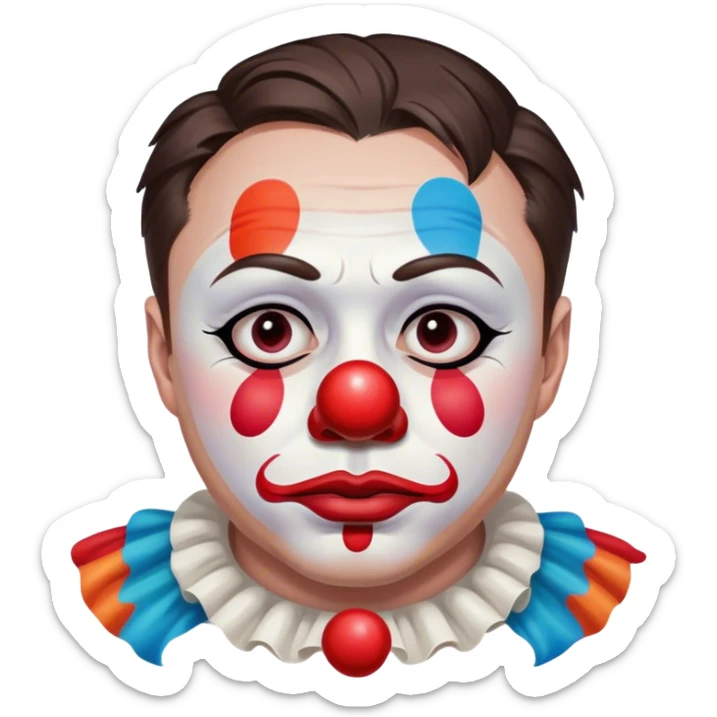 Elon Musk sad as he paints a clown face on his own face sticker
