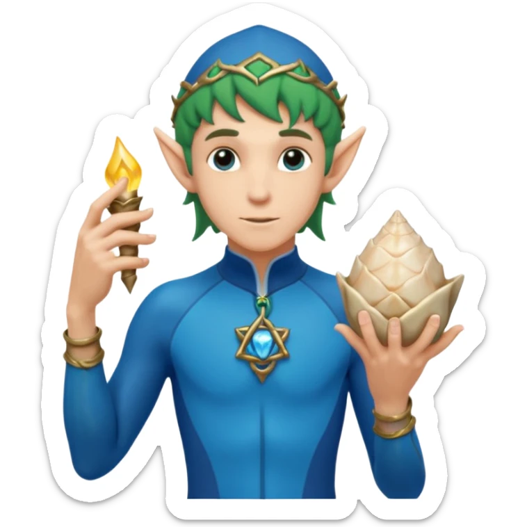 elf male Short wetsuit-style garb, glowing runes on skin, holding a conch horn. sticker