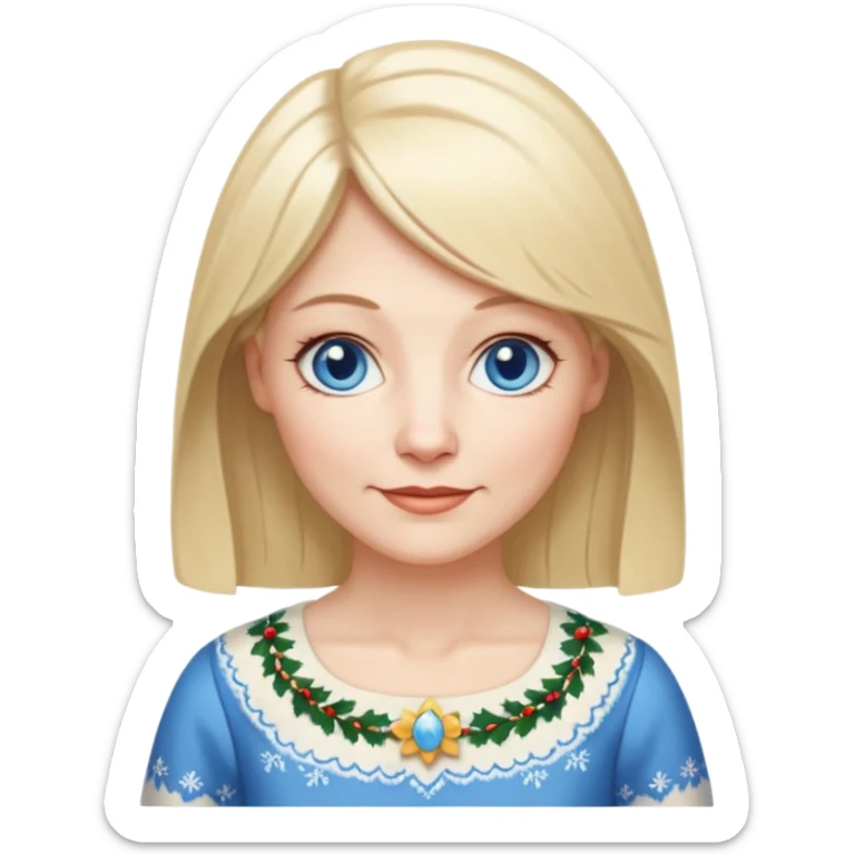 50 yr old white woman, hippie parted very long hair, short bangs, very long straight blond hair, oval face, small smile, blue eyes, thin face, hair downback, hair parted at center of head, round cheeks, pale, longer hair, white christmas dress sticker