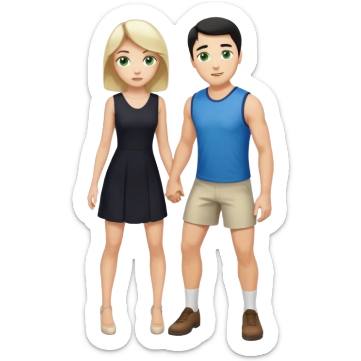 prince, black hair, blue eyes, garment,  woman, blonde Hair, green eyes, bending knee, sleveless white dress, sticker