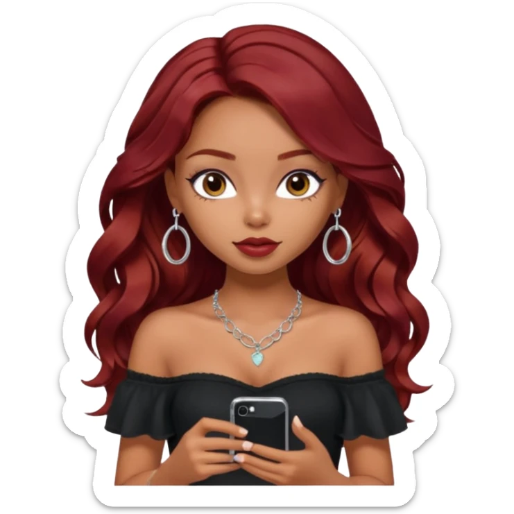 a pretty bratz girl with wavy dark red hair, wearing a black off shoulder top . silver dainty layered necklaces, carrying an iphone sticker
