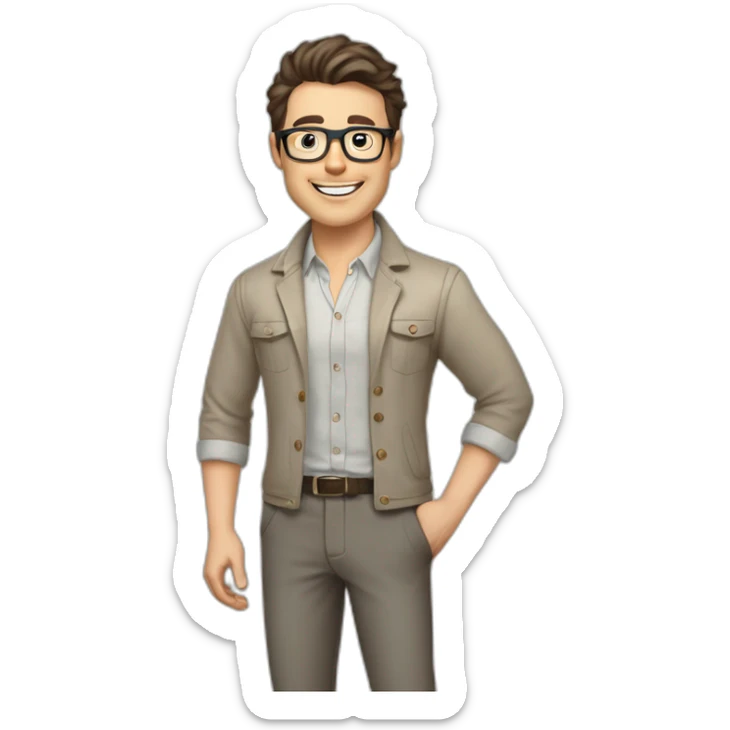 Joyful Pale skinned Fit Man With dark brown hair in gray jacket, beige office shirt, Brown pants and vintage glasses. His thrumbs up sticker