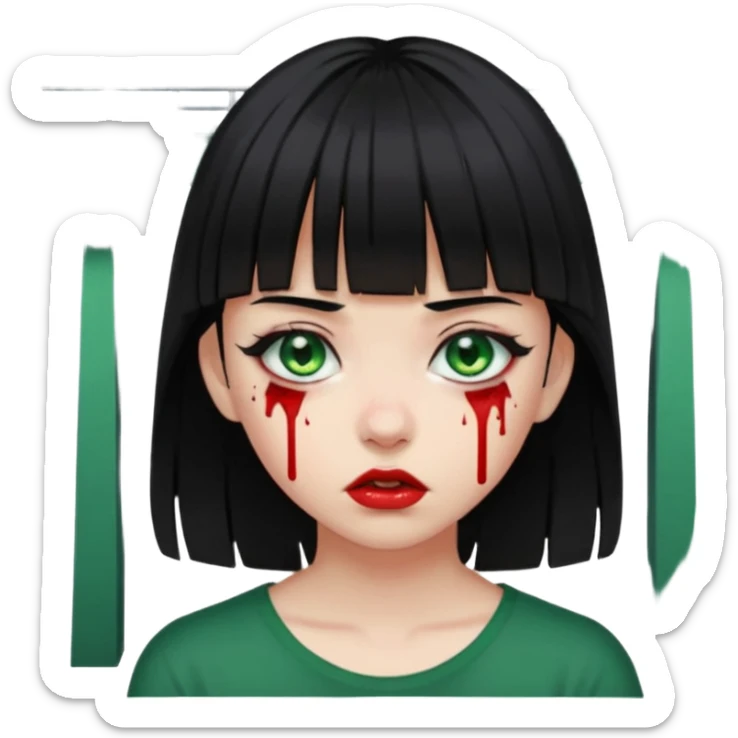 Guria com cabelo preto franjinha sangrando olhos verdes  fundo preto e um piercing bridgepiercing sticker