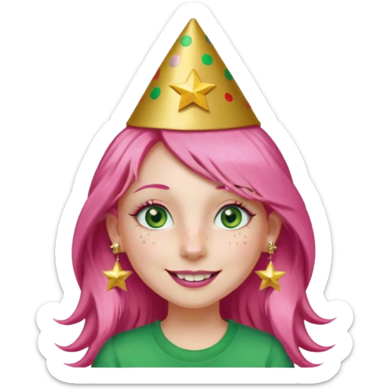 A girl with long pink hair and green eyes with long eyelashes and a smiley face. She has freckles and a lit of bit of pink lipstick on her mouth, she’s also got a full gold birthday party hat on her head with gold pom poms on top of it, and her T-shirt is all red, she wore gold star earrings  sticker