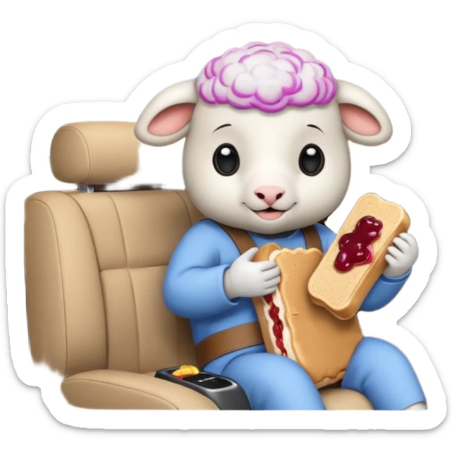 cute baby sheep eating peanut butter and jelly driving in a bmw x1, holding a peanut butter and jelly in hand sticker