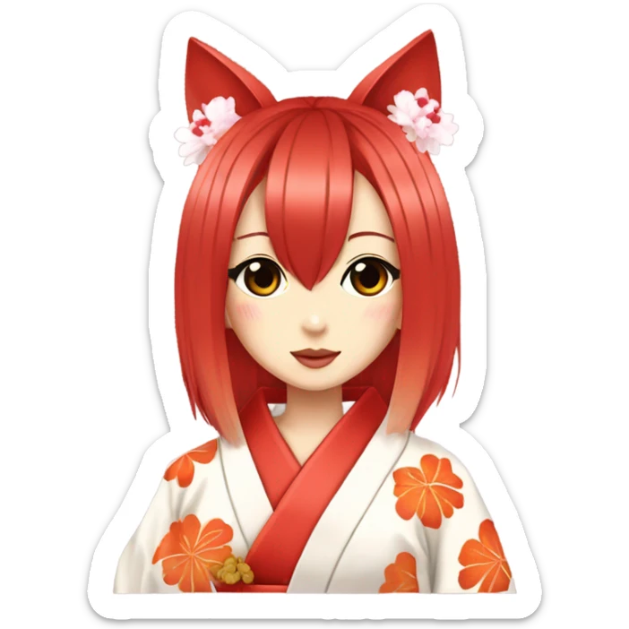 hime gyaru girl, kimono, red hair, kitsune mask sticker