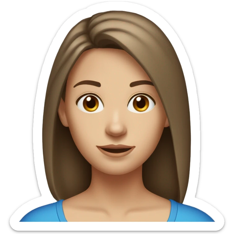 A head and shoulders shot of a 32 year old Caucasian woman, with straight brown hair,   with blue eyes wearing a t-shirt. sticker