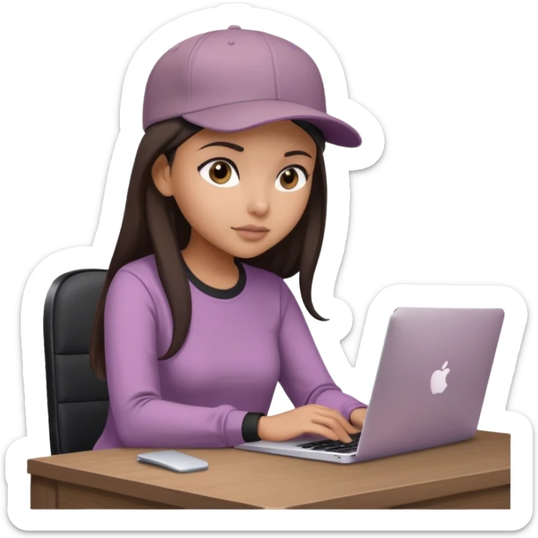 A professional 3D avatar of a young woman with olive skin and long, dark brown hair, wearing a dark, long-sleeved mauve taupe shirt and a black baseball cap. She's sitting at a sleek wooden desk, typing and looking at a silver MacBook.  sticker