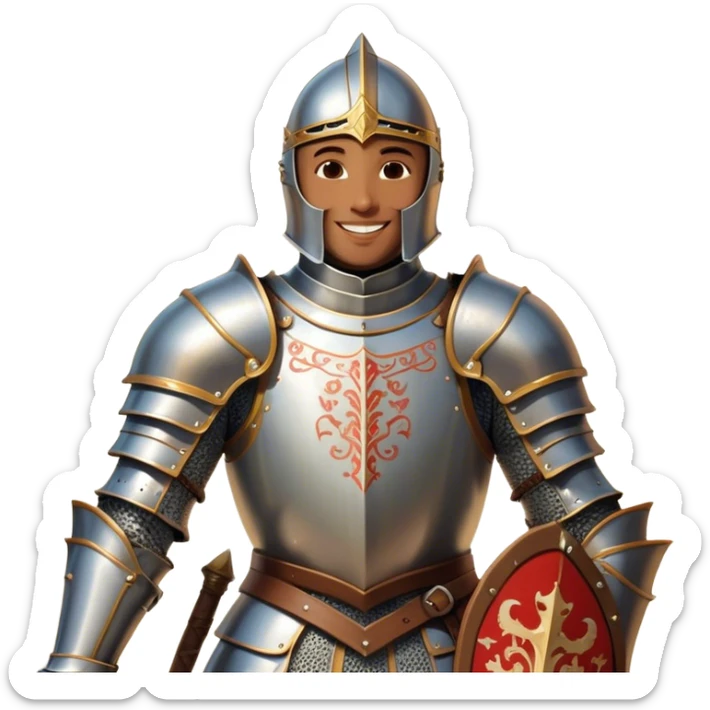 Clash of Clans aesthetic Cheerful Knight Portrait Emoji, With a radiant smile and an upright, confident stance, featuring an elegantly armored figure with intricate detailing and shining accents, his face in a natural skin tone, Simplified yet expressive features, highly detailed, glowing with a soft, luminous aura, high shine, upbeat and noble, stylized with an air of classic medieval heroism, soft glowing outline, capturing the essence of a cheerful knight ready to embark on legendary adventures! sticker