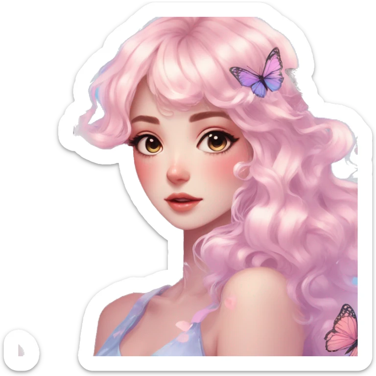 gorgeous shiny blushing anime pastel lady with butterflies and beautiful hair fairycore high quality detailed vogue trending aesthetic sticker