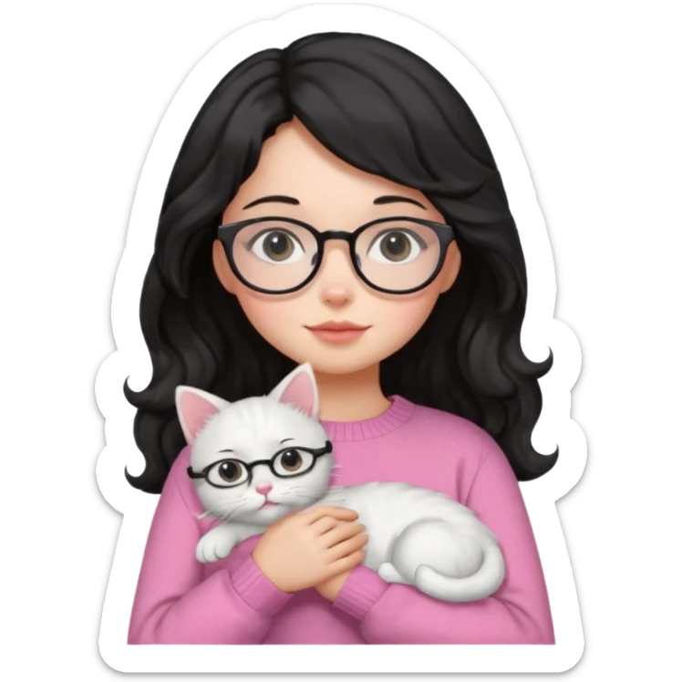 a girl with a black wavey hair, wearing a pink sweater and glasses, holding a cute white cat, only upper body sticker