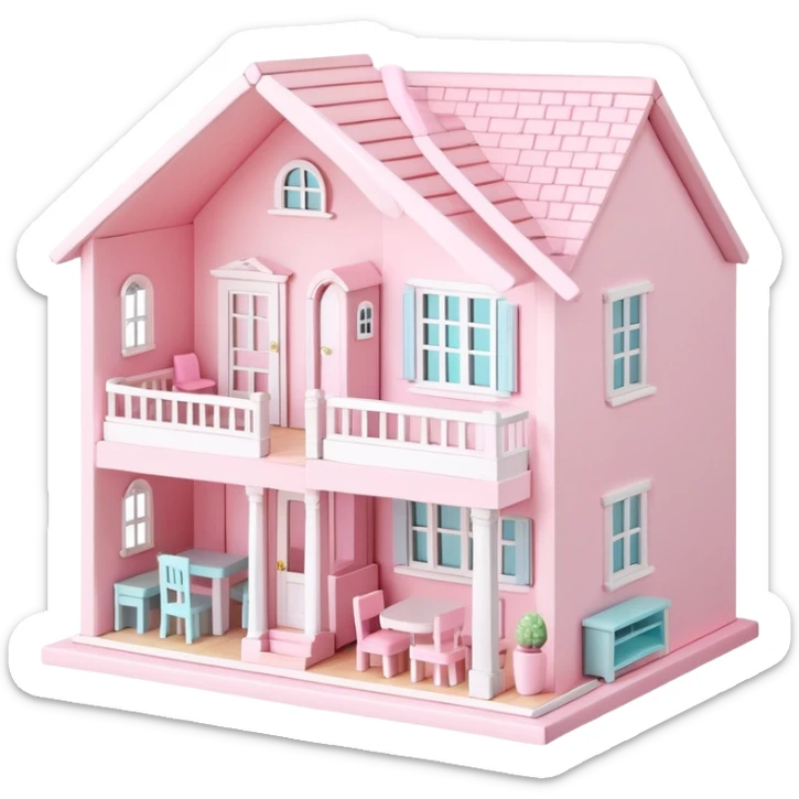 cute pastel pink dollhouse with miniature furniture sticker
