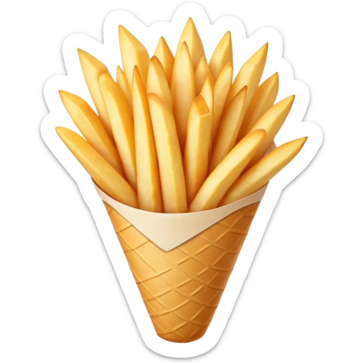 Cinematic Realistic Belgian Fries Dish Emoji, showcasing thick, crispy fries served in a paper cone rendered with detailed textures and golden, appetizing lighting. sticker