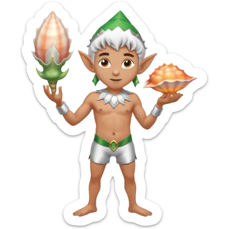 male elf in silver-trimmed swim shorts, holding glowing conch shell. Pointed ears, barefoot. Tropical vibe sticker