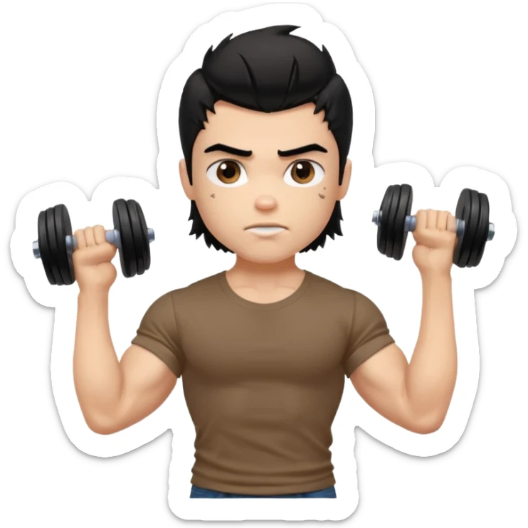 generate a pretty fair bratz boy with a messy mullet (black hair), wearing a brown tshirt. he has big biceps and is ripped. He is holding dumbbells sticker