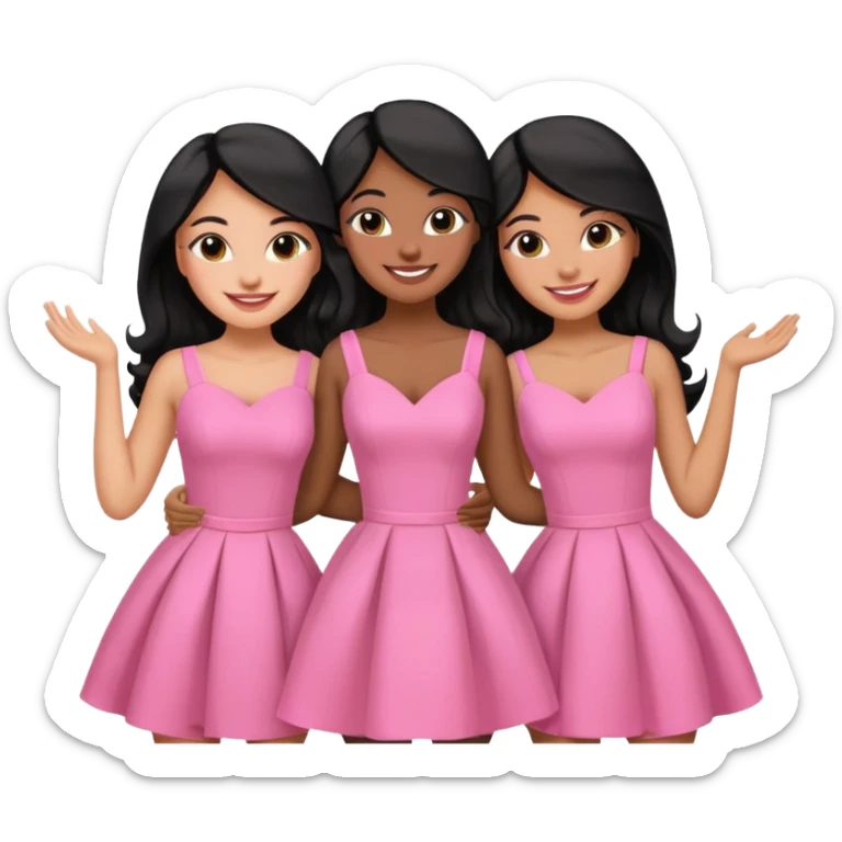 3 besties with professional glammed up looks wearing pink, medium skin tone smiling big with black long hair  sticker