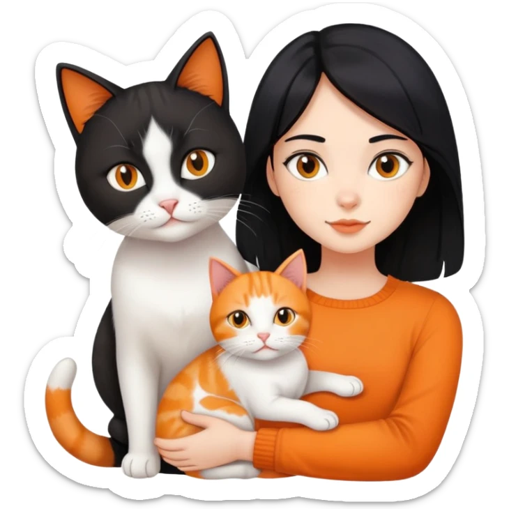 girl with medium size length black hair, with 2 cats (1 mixed white and orange cat and a pure orange cat) sticker